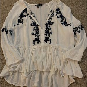 American Eagle white with blue embroidery blouse